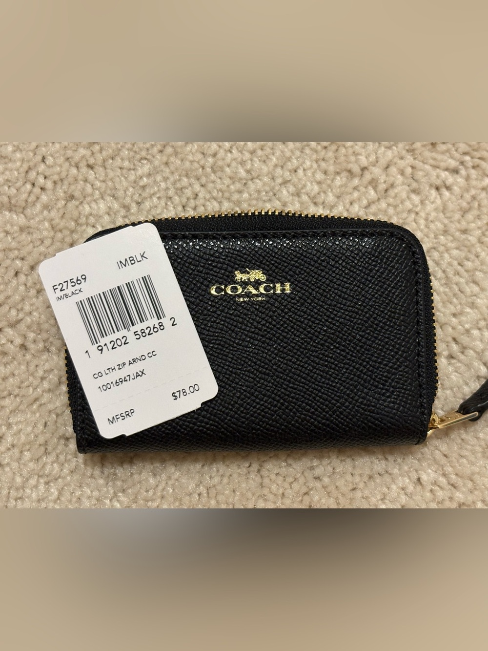 Coach Black Leather Zip Around Coin Case with Gold Logo F27569